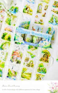 Detail of Haruno Morikai watercolor washi tape featuring garden landscapes and forests