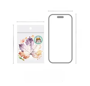 Watercolor leaf stickers package dimensions compared to an iPhone 15 model