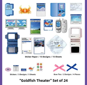 Macro view of retro Goldfish Cinema stationery kit with mixed media stickers and papers