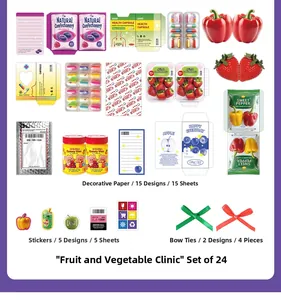 Flat lay of vegetable clinic theme scrapbooking kit with paper sheets and ribbons