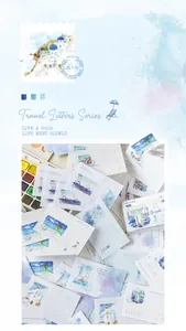 Macro detail of watercolor travel stamps memo pad with lighthouse and nautical motifs