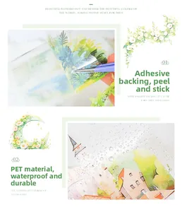 Detail of waterproof PET decorative tape with self-adhesive backing and floral landscape designs