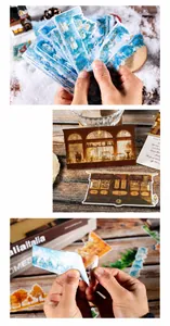 Detalle de pegatinas PET vintage para diarios con motivos de nieve y arquitectura