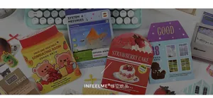 Macro detail of retro stationery stickers featuring vintage fruit and cake illustrations