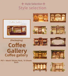 Detalle de pegatinas de Coffee Gallery con diseños vintage de fachadas de café en PET