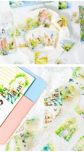 Detailed view of watercolor garden and floral washi tape for DIY journal scrapbooking