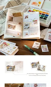 Detailed view of vintage travel and cafe themed postage stamp stickers for DIY scrapbooking