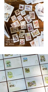 Macro shot of vintage stamp stickers and postcards with European retro motifs