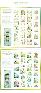 Detail showing PET decorative tape rolls with green garden themes for DIY journaling scrapbooking