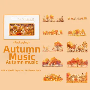 Detalle de pegatinas PET Autumn Music con diseños de bosques en acuarela y cabañas rurales