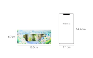 Size comparison of green garden landscape washi tape box next to an iPhone 12
