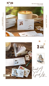 Detail of vintage stamp themed memo paper with London Bridge and coffee patterns for journaling