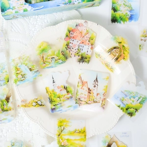 Watercolor landscape PET stickers featuring European gardens and forests for DIY journaling