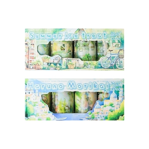 Garden-themed washi tape set featuring summer and coastal village illustrations in two boxes