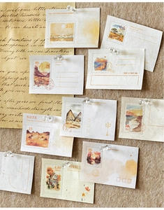 Detail showing vintage stamp-themed stickers with retro landscape patterns and textures