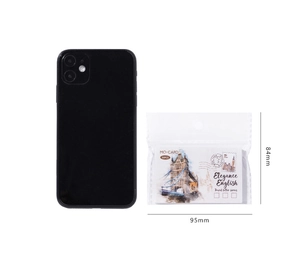 Size comparison of travel stamp paper pack against a phone with dimension measurements