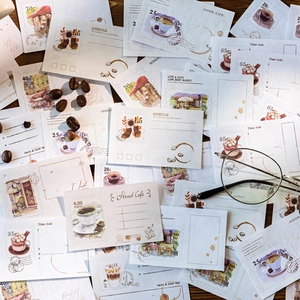 Vintage coffee theme stamp stickers on dark wood background for DIY journaling