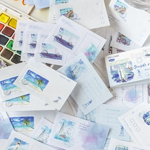 Vintage seaside stamp stickers for scrapbooking featuring lighthouses and sailboats