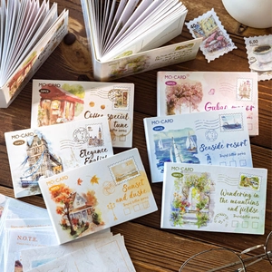Retro postage stamp travel memo pads with vintage hand-drawn illustrations for journaling