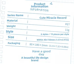Detailed specifications for PET stickers including size and weight on blue grid background