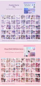 Macro detail of purple and pink scenery themed washi paper stickers for scrapbooking