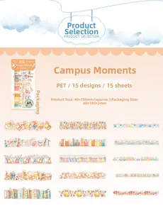 Detailed view of 15 unique school-themed PET stickers with books and stationery icons