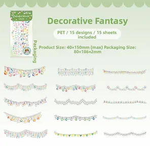 Macro view of colorful PET decorative stickers with banners and starry fairy lights for DIY