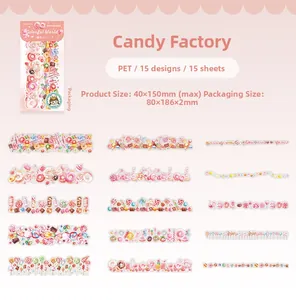Detailed view of candy-themed PET stickers featuring colorful donuts and lollipops
