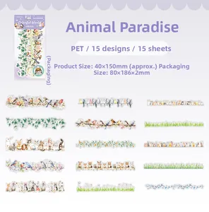 Detail view of 15 unique PET animal and floral stickers for DIY scrapbooking decoration