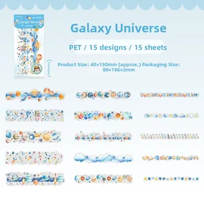 Detail view of 15 PET strip stickers with galaxy themes like astronauts and planets