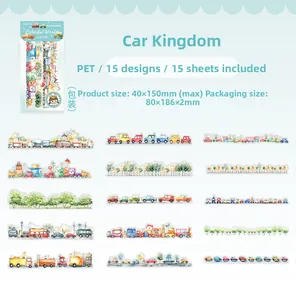 Detailed PET waterproof stickers with watercolor car kingdom designs for DIY journals