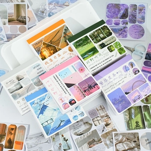 DIY scenery stickers set for scrapbooking featuring aesthetic nature themes and sunsets