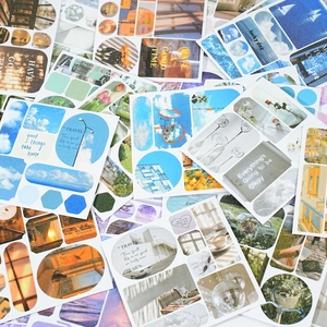 Artistic scenery stickers set with landscapes and quotes for DIY scrapbooking and journal decor
