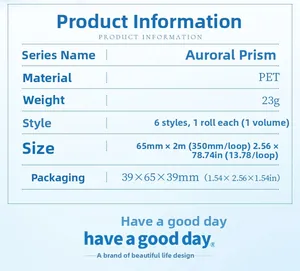 Detailed PET tape specifications showing the Auroral Prism series dimensions and PET material