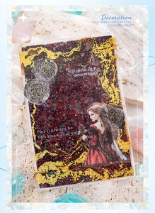 Detail showing vintage girl illustration tape with gold foil and red glitter textures