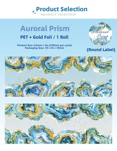 Detail of PET decorative tape with blue agate crystal patterns and gold foil finish