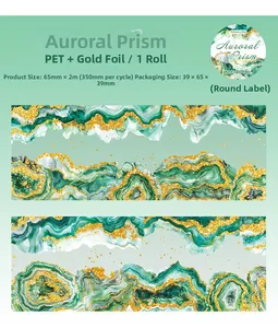 Detail of green agate crystal PET decorative tape with gold foil stamping for DIY scrapbooking
