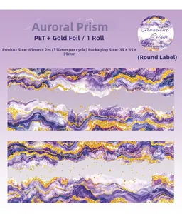 Detail of PET decorative tape featuring purple prism textures with gold foil accents