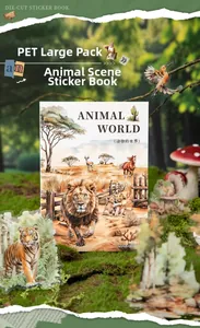 Detailed view of the PET die-cut animal world sticker book with wild wildlife themes