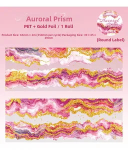 Macro detail of Auroral Prism PET tape with pink marble patterns and gold foil embossing