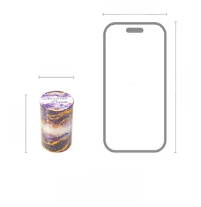 Size dimensions showing 39mm diameter and 65mm height tape compared to iPhone 15