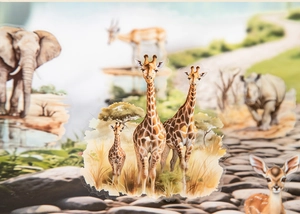 Detail of PET animal stickers with giraffe and elephant in a scenic outdoor park setting