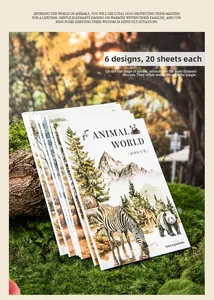 Close-up of 6 styles of animal world themed watercolor PET stickers in nature setting