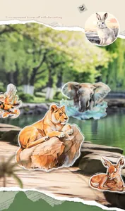 Detailed close-up of die-cut animal stickers featuring lions and elephants for scrapbooking