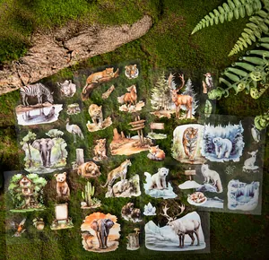 Detailed PET stickers of wildlife like tigers and lions on a natural moss background