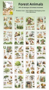 Detailed view of 20 woodland animal PET stickers with watercolor forest illustrations