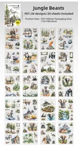 Detailed grid layout of jungle animal PET stickers featuring elephants and pandas