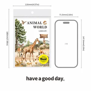Size comparison of animal world PET stickers with dimensions shown against a smartphone