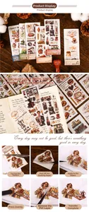 Macro detail of coffee-themed scrapbooking stickers showing retro DIY decoration patterns