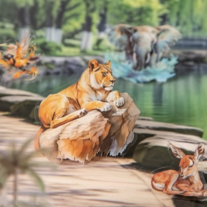 3D PET wildlife animal stickers featuring lions and elephants in a realistic forest scene